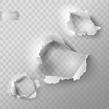 Realistic holes set in paper isolated on transparent backgroun. Vector illustration.