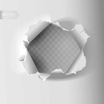 Realistic holes in paper isolated on grey backgroun. Vector illustration.