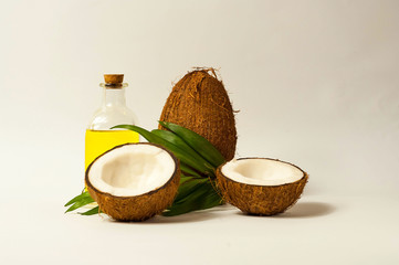 Coconut oil and fresh coconuts isolated on white background. Copy space, closeup