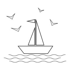 sailing ship with waves and gulls icon vector illustration on white background.