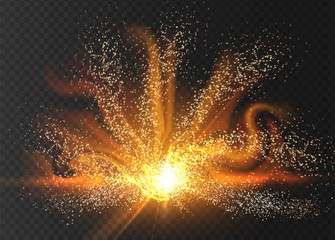 Sparkle stardust. Golden glittering magic vector waves with gold particles isolated on black background. Glitter bright trail, glowing wave shimmer, shining universe. Vector illustration.