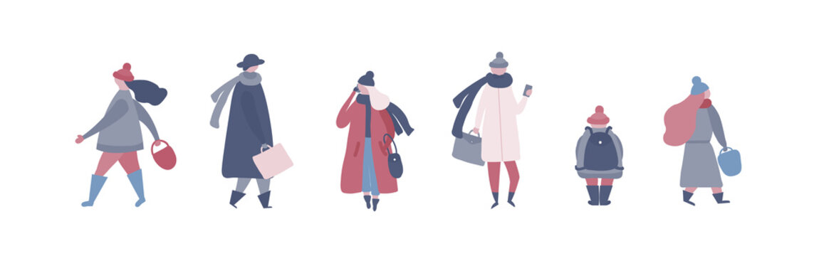 People in warm winter clothes walking on street, going to work, talking on phone
