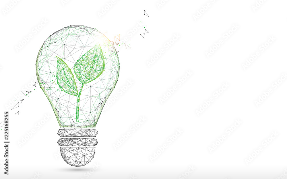 Poster light bulb with green plant form lines, triangles and particle style design. illustration vector
