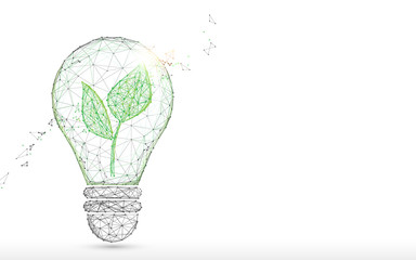 Light Bulb with green plant form lines, triangles and particle style design. Illustration vector