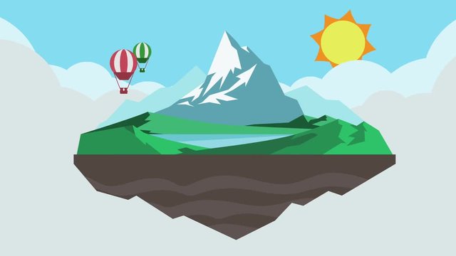 Landscape view of mountain island with lagoon flooring in the air surrounding with big cloud and the sun and hot air balloon