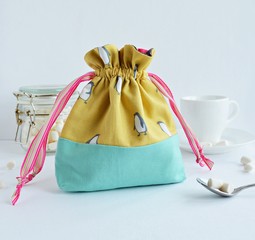 Colorful handmade drawstring bag with penguins