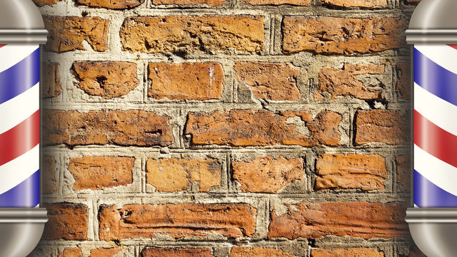 Barber pole on the background of the old brick wall. Concept Barber Shop.
