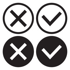 Set of black and white icon buttons, outline and flat design. Confirmation and rejection. Yes and no. Vector illustration.