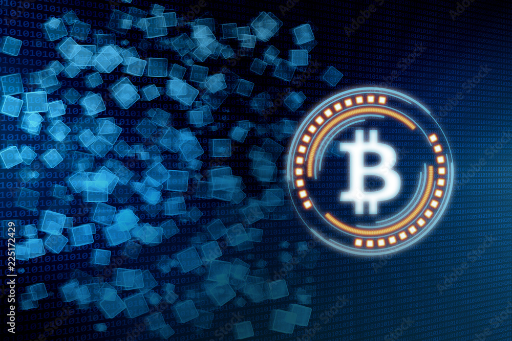 Poster futuristic modern glowing bitcoin led logo on digital rectangle geometry blockchain token background