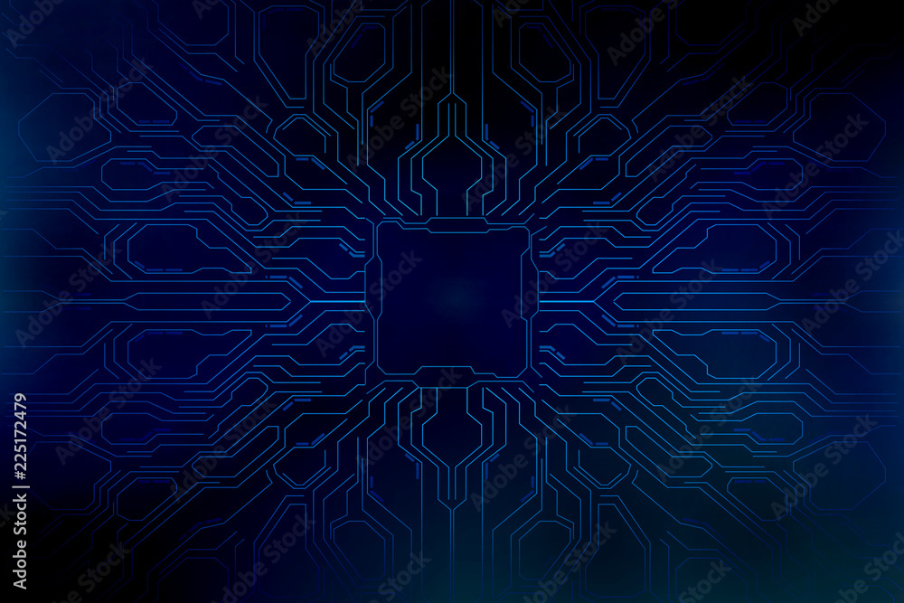 Fototapete abstract blue glowing circuit board background with copy space at center for your text, logo or prod