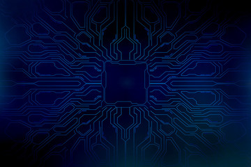 Abstract blue glowing circuit board background with copy space at center for your text, logo or products. Perfect for Artificial Intelligence, Technology, Crypto Currency concept.