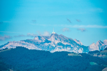 The top of the iconic Santis peak, view from the shores of the Zurich Lake (Obersee), Sankt Gallen, Switzerland
