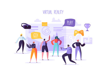 Virtual Reality Concept. Flat People Characters having VR World Experience. Entertainment Technology. Man and Woman in Augmented Reality Glasses. Vector illustration