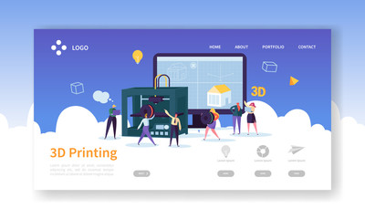 3D Printing Technology Landing Page. 3D Printer Equipment with Flat People Characters Website Template. Engineering and Prototyping Industry. Vector illustration