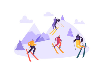 Mountain Skiing Characters in Goggles and Ski Suit. Winter Sports on Snow Landscape. Flat People Skiers Outdoor Activities. Vector illustration
