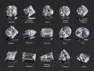 Fifteen diamonds of the mot popular shapes with labels on black glossy background. 3D rendering - obrazy, fototapety, plakaty