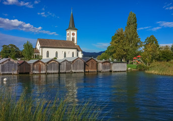 Fototapeta na wymiar The beautiful historical village of Busskirch on the shores of the Upper Zurich Lake (Obersee), Rapperswil-Jona, Sankt Gallen, Switzerland