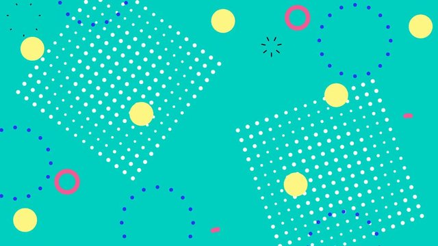 Simple abstract emerald memphis style background with trendy geometric color retro elements. Looped motion graphic.