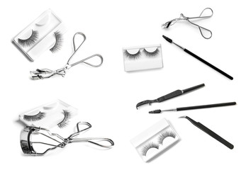 Set with different false eyelashes and makeup artist's tools on white background