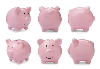 Set with pink piggy bank from different views on white background