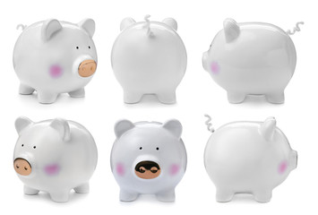 Set with piggy bank from different views on white background