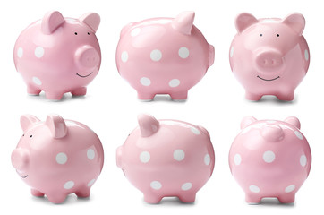 Set with piggy bank from different views on white background