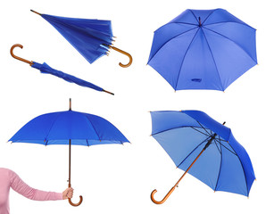 Set with elegant blue umbrella from different views on white background © New Africa