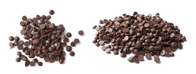Set with delicious chocolate chips on white background