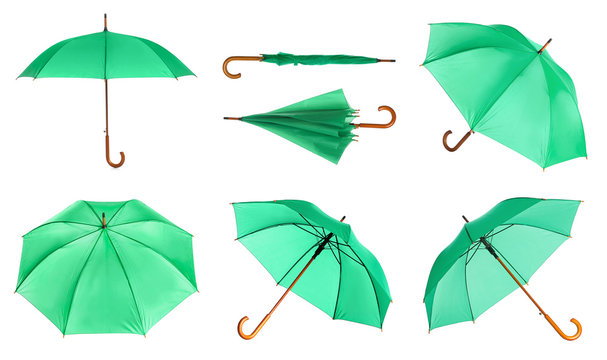 Set with elegant green umbrella from different views on white background