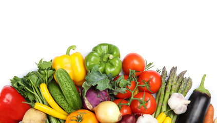 Many fresh ripe vegetables on white background, top view. Space for text