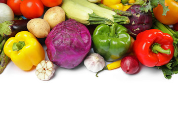 Many fresh ripe vegetables on white background, above view. Space for text