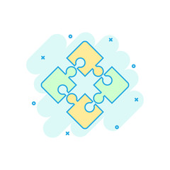 Cartoon colored puzzle icon in comic style. Jigsaw illustration pictogram. Puzzle game sign splash business concept.