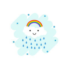 Cartoon colored cloud with rain icon in comic style. Clouds illustration pictogram. Rain sign splash business concept.