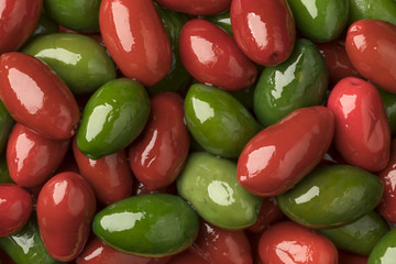 Red and greenItalan Bella olives full frame