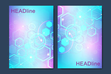 Modern vector templates for brochure, cover, banner, flyer, annual report, leaflet. Abstract art composition with hexagons, connecting lines and dots. Digital technology or medical concept.