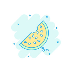 Cartoon colored watermelon icon in comic style. Juicy ripe fruit illustration pictogram. Watermelon sign splash business concept.