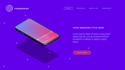 Trendy Isometric Vector Smartphone. Web Template For Header, Mobile App Mockup Or Banner With Isometric Mobile Phone. Finger Print App Showcase