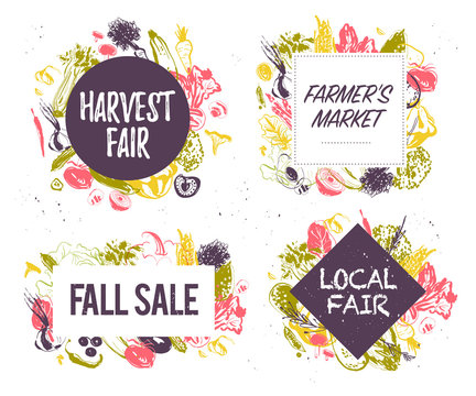 Vector collection of farmers market & harvest fair emblems & labels with hand drawn sketch style vegetables. Food festival, autumn fall sale - design elements - banners, posters, tags, menu, packaging