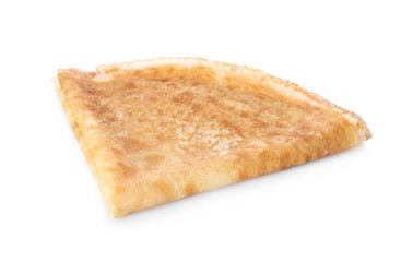 Tasty thin folded pancake on white background
