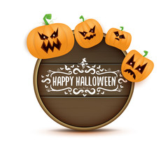 Happy Halloween web wooden board label with Halloween scary pumpkins isolated on white background . Funky kids Halloween banner with greeting text