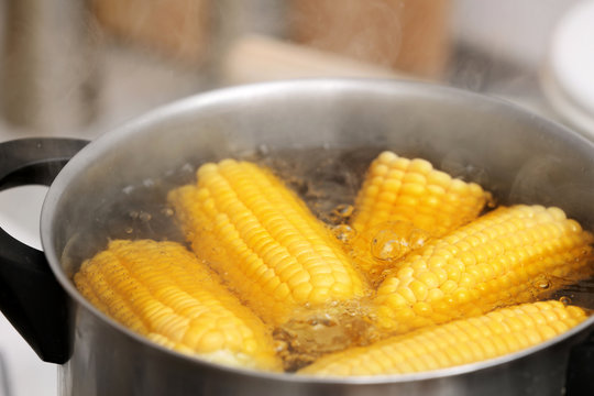 Stewpot with boiling water and corn cobs, closeup