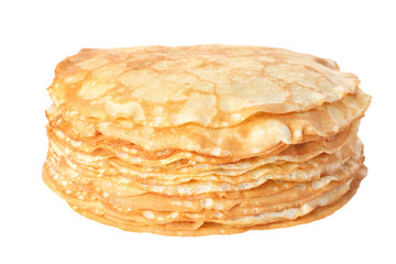 Stack of tasty thin pancakes on white background