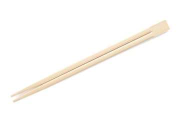 Chopsticks made of bamboo on white background, top view