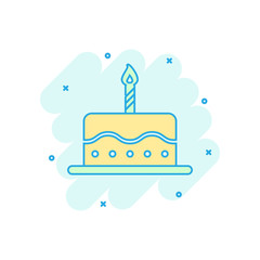 Cartoon colored birthday cake icon in comic style. Fresh pie muffin illustration pictogram. Cake sign splash business concept.