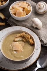 Mushroom soup with toasts and cheese. Closeup