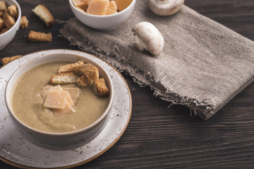 Tasty mushroom soup with toasts and cheese. Copyspace