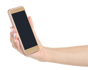 Mobile phone smartphone in hand on white background isolation