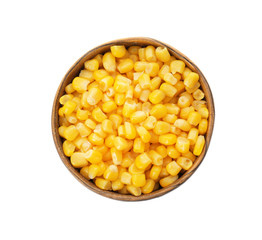 Bowl with corn kernels on white background, top view