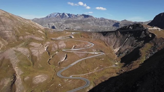 Flight around of Fuscher Torl pass on Grossglockner scenic High Alpine Road, Austria