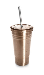 Golden coffee cup with straw isolated on white